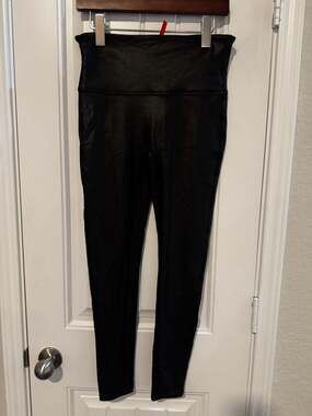 Spanx Faux‎ Leather Leggings Black Shimmer High-Waisted mob wife biker